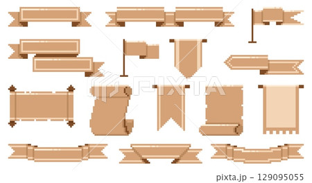 Pixel scrolls. Vintage papyrus, empty ribbons, flags, retro video games assets, blank banners, ancient manuscripts. Torn historical sheets. Antique document qualitative isolated vector set 129095055