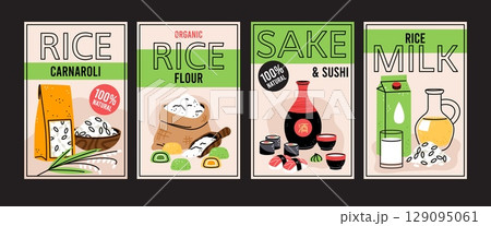 Rice products cards. Different food from grain culture, flour and sake, alternative milk, plant based meal, natural organic product, packaging label design, healthy nutrition, tidy vector set Rice products cards. Different food from grain culture, flour and sake, alternative milk, plant based meal, natural organic product, packaging label design, healthy nutrition, tidy vector set 129095061