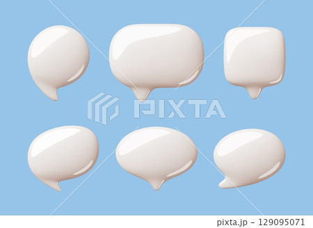 Cartoon 3d speech bubbles. Blank glossy text boxes, different shapes, communication three dimensional elements, templates, round and square balloons, classy vector render isolated set 129095071