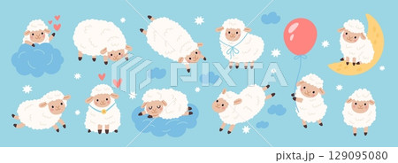 Cute sheep characters. Funny little farm animals, fluffy curly lambs, cartoon woolly mascot, different poses and actions, Hand drawn nursery decorative mammals, garish vector isolated set Cute sheep characters. Funny little farm animals, fluffy curly lambs, cartoon woolly mascot, different poses and actions, Hand drawn nursery decorative mammals, garish vector isolated set 129095080