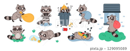 Funny raccoon characters. Cartoon animals, little garbage thieves, wild striped mammals, different actions in various poses, happy mascot, criminal burglar, garish vector isolated set 129095089