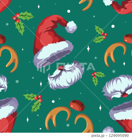 Funny winter hats seamless pattern. Repeated christmas accessories, santa hat with beard, deer antlers and red nose. Decor textile, xmas wrapping, wallpaper. Print for fabric vector background Funny winter hats seamless pattern. Repeated christmas accessories, santa hat with beard, deer antlers and red nose. Decor textile, xmas wrapping, wallpaper. Print for fabric vector background 129095090