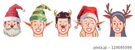 People portraits in christmas hats. Smiling faces, happy men and women, holiday mood, funny photo booth accessories, party time, Santa Claus and deer costume cartoon isolated vector set 129095099