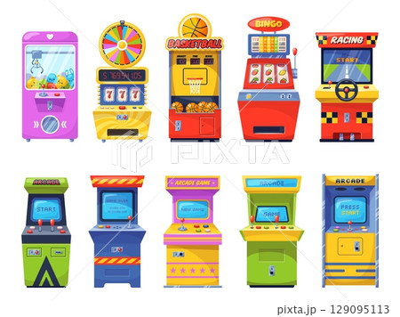 Slot machine. Arcade 8 bit gaming consoles, sport and driving simulators, retro playing automates, gambling electronic devices, fortune, vintage gamepad classy vector cartoon isolated set 129095113