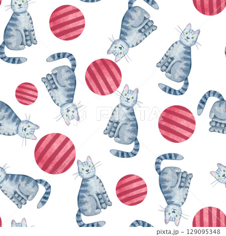Playful gray tabby cats, textured red circles on white background. Seamless watercolor pattern isolated on white. Fun, hand-painted design ideal for apparel, accessories, wrapping paper, creative Playful gray tabby cats, textured red circles on white background. Seamless watercolor pattern isolated on white. Fun, hand-painted design ideal for apparel, accessories, wrapping paper, creative 129095348