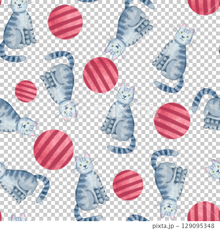 Playful gray tabby cats, textured red circles on white background. Seamless watercolor pattern isolated on white. Fun, hand-painted design ideal for apparel, accessories, wrapping paper, creative 129095348