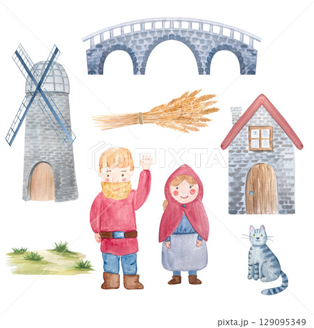 Bearded man, a woman in a hood, a cat, stone house, windmill, bridge, wheat bundle, grass patch. Rustic watercolor clipart set isolated on white. Perfect for fairy tales, kids projects, scene building Bearded man, a woman in a hood, a cat, stone house, windmill, bridge, wheat bundle, grass patch. Rustic watercolor clipart set isolated on white. Perfect for fairy tales, kids projects, scene building 129095349