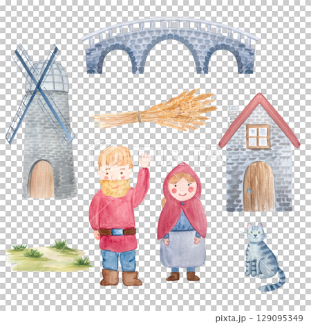 Bearded man, a woman in a hood, a cat, stone house, windmill, bridge, wheat bundle, grass patch. Rustic watercolor clipart set isolated on white. Perfect for fairy tales, kids projects, scene building 129095349