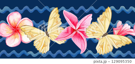 Butterflies, tropical flowers watercolor seamless pattern on a blue wavy line dark blue background. Hand-painted vibrant border, perfect for summer decor, textile, exotic packaging, decorative 129095350