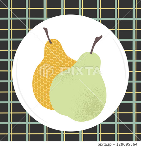 Two pears on the plate. Cartoon fruits. Vector illustration 129095364
