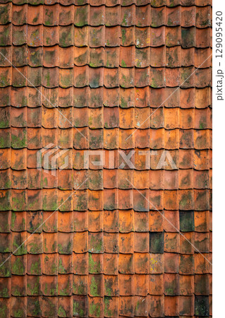 Roof tile texture. Rooftop house material. Repeat roof tile pattern. Classic home exterior roof design. Architecture element, housetop. Building top. Metal profile roof tile. Vector illustration. Roof tile texture. Rooftop house material. Repeat roof tile pattern. Classic home exterior roof design. Architecture element, housetop. Building top. Metal profile roof tile. Vector illustration. 129095420