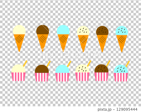 コーンアイスとカップアイス(バニラ、チョコ、ミント)のアイコンのイラストのセット コーンアイスとカップアイス(バニラ、チョコ、ミント)のアイコンのイラストのセット 129095444