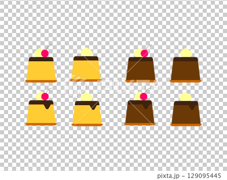 ホイップクリームを乗せたプリンのアイコンのイラストのセット 129095445