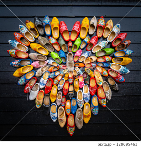 Clogs for sale at a Dutch retail shop. Wooden shoes are a well know traditional souvenir from Holland Clogs for sale at a Dutch retail shop. Wooden shoes are a well know traditional souvenir from Holland 129095463