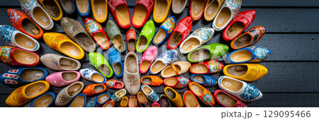 Set of different colorful vintage Dutch wooden clogs 129095466