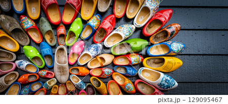 Set of different colorful vintage Dutch wooden clogs 129095467