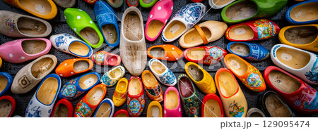 Set of different colorful vintage Dutch wooden clogs 129095474
