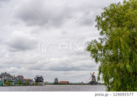 Rural landscape with windmill in Zaanse Schans. Holland, Netherlands. Authentic Zaandam mill. Beautiful Netherland landscape. 129095577