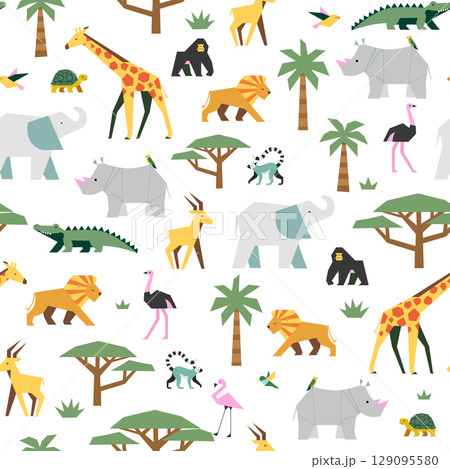 Seamless vector pattern with safari animals and tropical trees. Features lions, giraffes, elephants, lemurs, birds, rhinos, crocodiles, and more. Ideal for kids designs, textiles, decor. 129095580