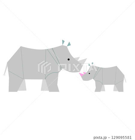 Rhinoceros and baby , flat vector art of armored savanna mammals. Cartoon-style horned pair for nature education, wildlife protection themes, eco books and safari-themed kids content Rhinoceros and baby , flat vector art of armored savanna mammals. Cartoon-style horned pair for nature education, wildlife protection themes, eco books and safari-themed kids content 129095581