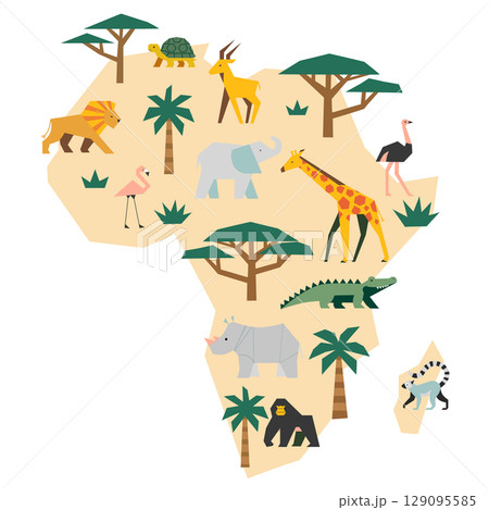 Africa map with safari animals, vector illustration of jungle wildlife including giraffe, elephant, lion, rhino, crocodile, ostrich, flamingo. Flat cartoon poster for kids and education. Africa map with safari animals, vector illustration of jungle wildlife including giraffe, elephant, lion, rhino, crocodile, ostrich, flamingo. Flat cartoon poster for kids and education. 129095585