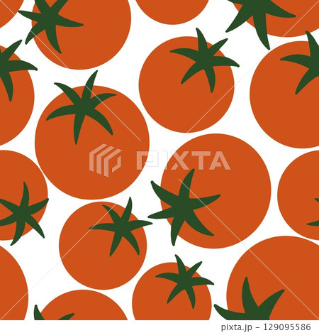 Trendy Modern seamless tomato pattern in vector, featuring bold red tomatoes with no background texture. Perfect for digital prints, fashion textiles, and packaging. Trendy Modern seamless tomato pattern in vector, featuring bold red tomatoes with no background texture. Perfect for digital prints, fashion textiles, and packaging. 129095586