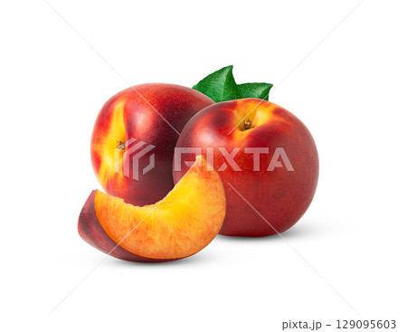 Fresh ripe nectarine peach fruits and a cut in a slice isolated with leaf. Fresh ripe nectarine peach fruits and a cut in a slice isolated with leaf. 129095603