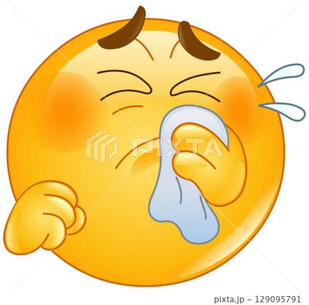 Sneezing or Crying Emoticon with Tissue 129095791