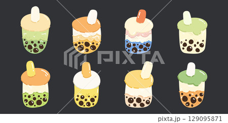 Set of cartoon doodle bubble milk tea. Cartoon doodle illustration. Vector illustration in cartoon style. 129095871