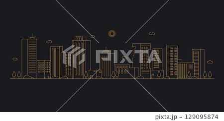 Cityscape. Modern flat line landscape vector. City landscape line art illustration with building, tower, skyscrapers. Vector illustration. 129095874