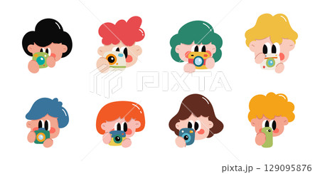 Cute cartoon kids using camera. World photography day. Vector illustration in cartoon style. Cute cartoon kids using camera. World photography day. Vector illustration in cartoon style. 129095876