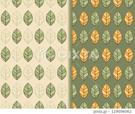 Autumn leaf whimsical hand drawn seamless pattern set of 2, cartoon doodle style, paint brush line stroke, green yellow white colour, cute background invitation web card, modern vector illustration 129096062