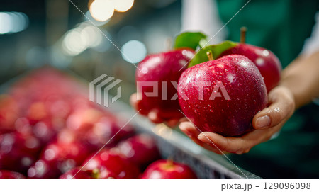 Hands holding several shiny red apples with water droplets, set against a background of a produce line in a fruit processing facility 129096098