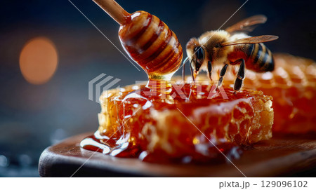 Macro shot of bees on golden honeycomb with dripping honey, showcasing nature, sweetness, and productivity 129096102