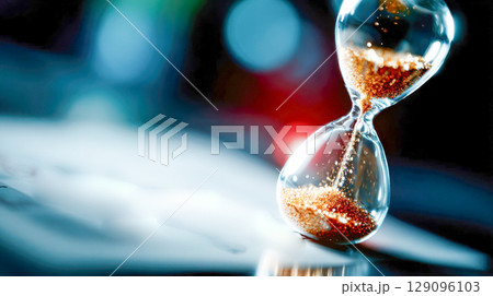Golden sand flows through a glass hourglass, symbolizing time and urgency, with a blurred keyboard in the background 129096103