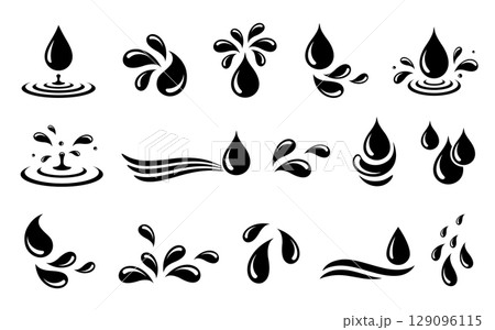 Water drops, droplet silhouettes, splash wave elements, moisture splatter 129096115