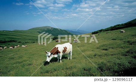 A peaceful scene of cows grazing on a lush green hillside surrounded by majestic mountains, capturing rural mountain life and natural beauty 129096117