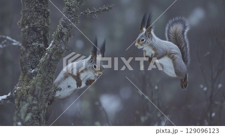 Close-up of a Eurasian red squirrel (Sciurus vulgaris) perched on a snowy branch, showcasing its winter fur and natural forest habitat 129096123