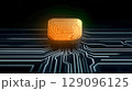 Close-up of a futuristic circuit board featuring a glowing keyhole symbolizing digital security and advanced technology 129096125