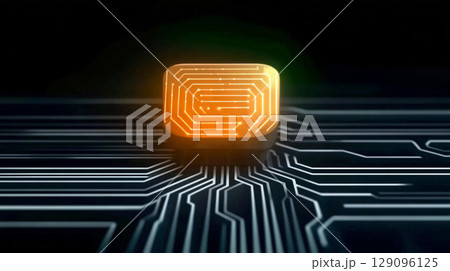 Close-up of a futuristic circuit board featuring a glowing keyhole symbolizing digital security and advanced technology 129096125