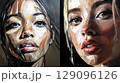 Close-up digital painting showcasing a womans face with multiple emotional expressions, detailed and artistic portrait study 129096126