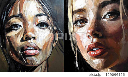 Close-up digital painting showcasing a womans face with multiple emotional expressions, detailed and artistic portrait study Close-up digital painting showcasing a womans face with multiple emotional expressions, detailed and artistic portrait study 129096126