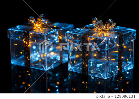 Festive gift boxes placed on a black background with glowing bokeh lights creating a dramatic holiday atmosphere Festive gift boxes placed on a black background with glowing bokeh lights creating a dramatic holiday atmosphere 129096131