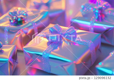 Gift boxes with colorful lights in the background close-up Gift boxes with colorful lights in the background close-up 129096132