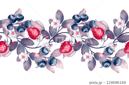 Hand-drawn seamless horizontal border illustration with strawberries, blueberries, and white flowers Hand-drawn seamless horizontal border illustration with strawberries, blueberries, and white flowers 129096189