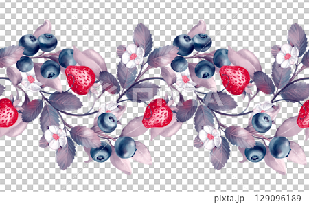 Hand-drawn seamless horizontal border illustration with strawberries, blueberries, and white flowers Hand-drawn seamless horizontal border illustration with strawberries, blueberries, and white flowers 129096189