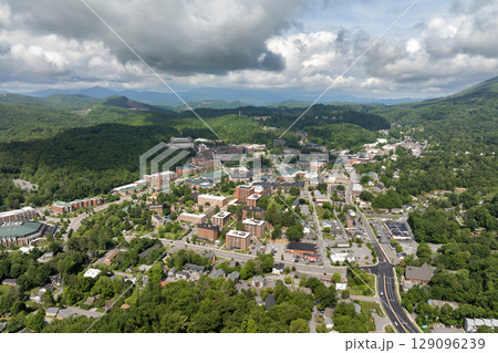 Boone, North Carolina. Historical American town in Appalachian Blue Ridge Mountains. Old townscape architecture in Watauga County, USA. Streets and historic buildings from above 129096239