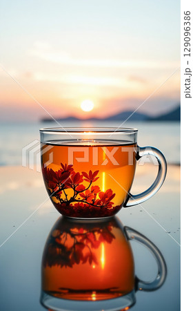 Cup of wonderful morning tea. Glass cup with amber tea against a seascape background. Cup of wonderful morning tea. Glass cup with amber tea against a seascape background. 129096386