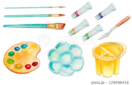 水彩描いた絵絵の具と筆 水彩描いた絵絵の具と筆 129096418