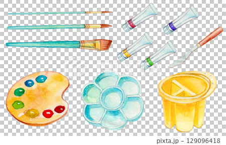 水彩描いた絵絵の具と筆 水彩描いた絵絵の具と筆 129096418